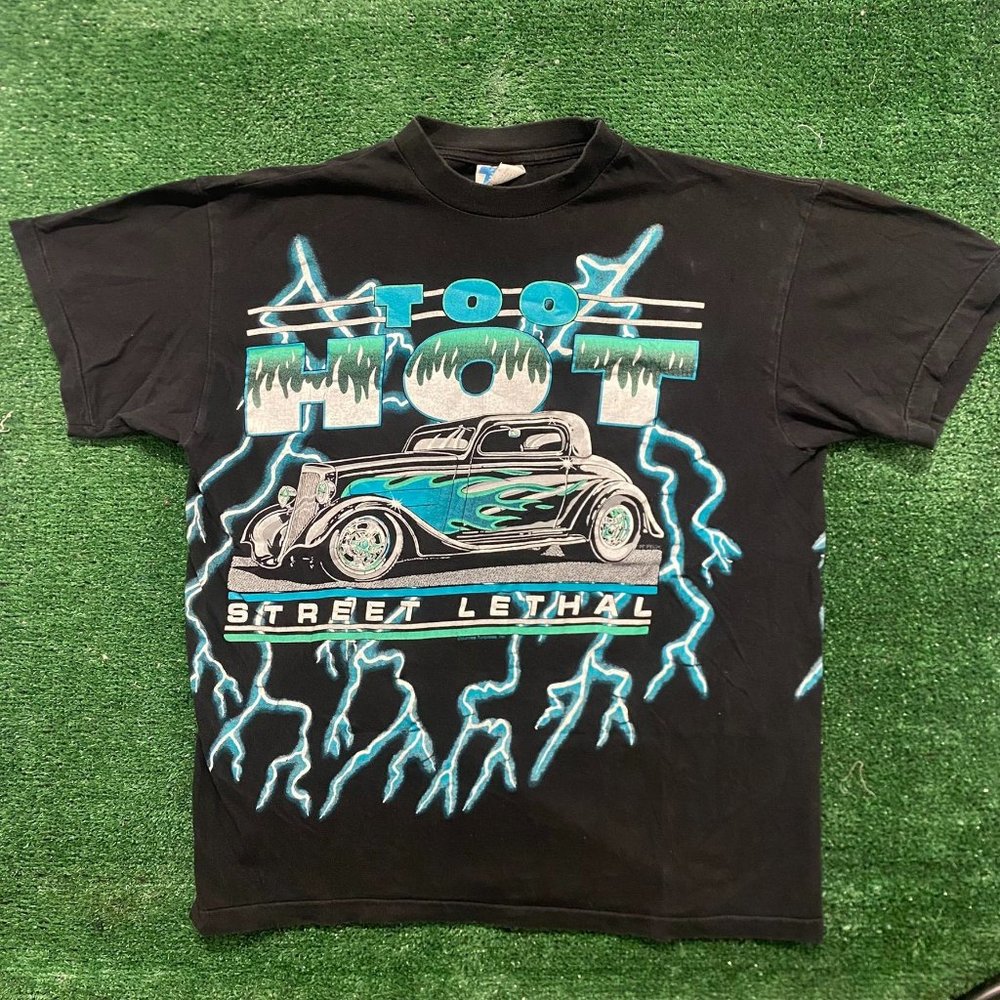 Vintage 90s American Thunder Hot Rod T-Shirt Black L Single Stitch Punk Grunge